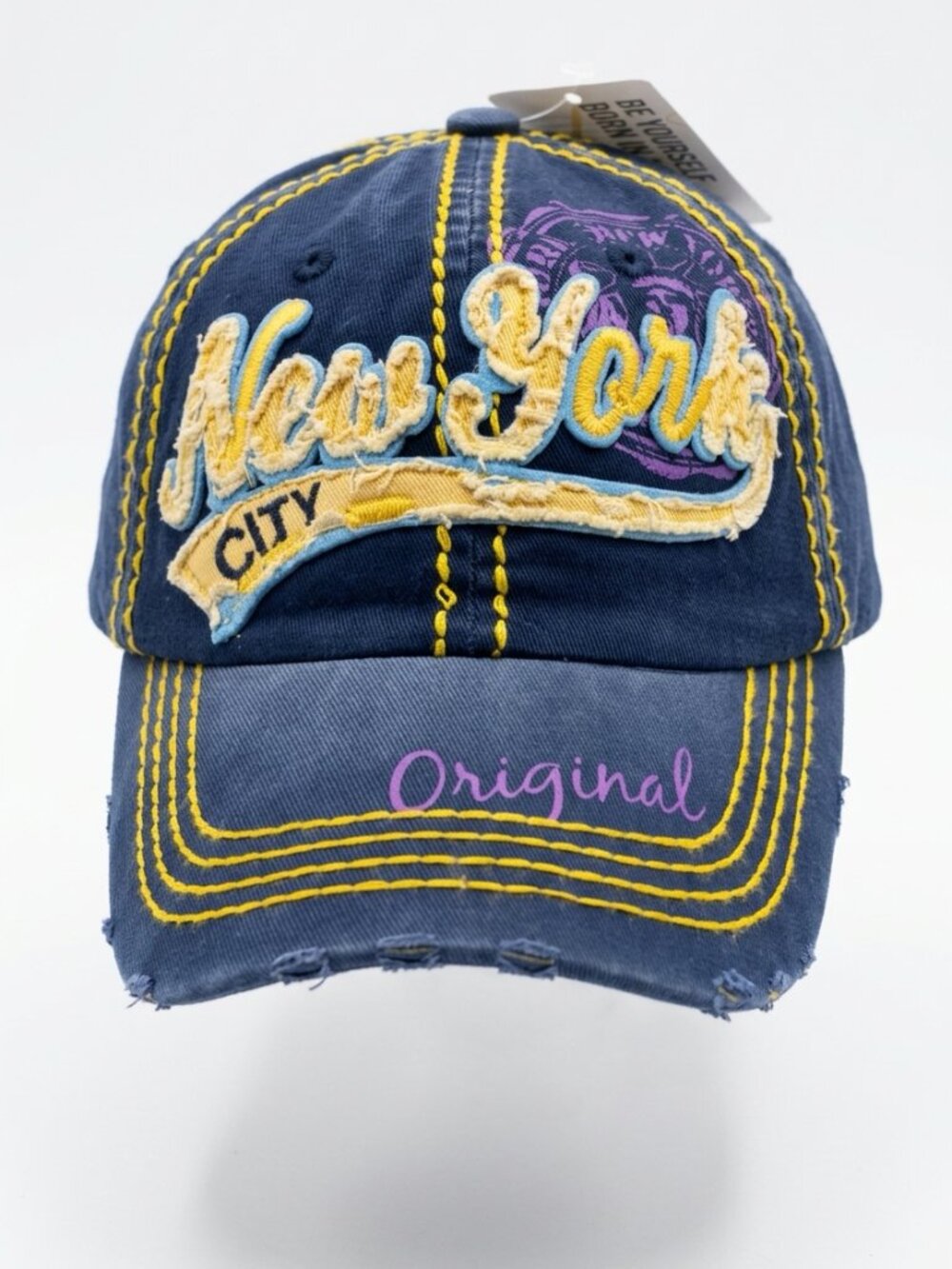 New Robin Ruth Denim Baseball Cap Blue Yellow Stitching Be Noticed Original